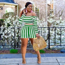 Women's Spring Striped Off Shoulder Long Sleeve Fashion Plus Size Casual Set -Plus Size Dresses Shop 000eeb5fbb27601f