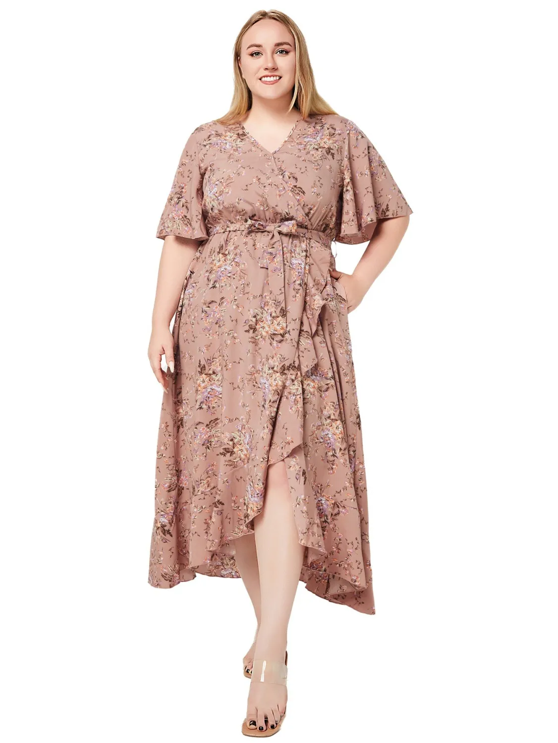 Plus Size Women Summer V Neck Short Sleeve Ruffle Print Pocket Dress 5 Plus Size Women Summer V Neck Short Sleeve Ruffle Print Pocket Dress - Image 3