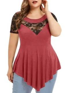 Womens Plus Size Floral Lace Short Sleeve Irregular See-Through Round Neck Women's Top -Plus Size Dresses Shop 008c12e5f5a14cad