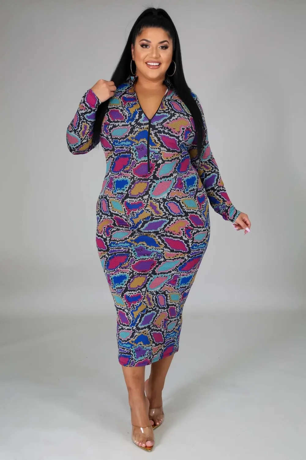 Plus Size Women V-neck Printed Long Sleeve Dress 8 Plus Size Women V-neck Printed Long Sleeve Dress - Image 6