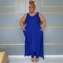 Plus Size Women Casual V Neck Slit Pocket Sleeveless Top And Solid Skirt Two-Piece Set -Plus Size Dresses Shop 0125329f8261ca6b