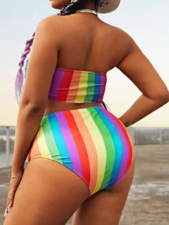 Plus Size Women Rainbow Stripe Print Two Pieces Swimwear -Plus Size Dresses Shop 014b643edfbf1343