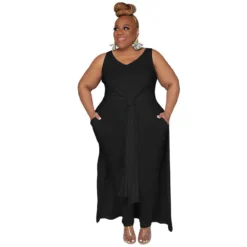 Plus Size Women Casual V Neck Slit Pocket Sleeveless Top And Solid Skirt Two-Piece Set -Plus Size Dresses Shop 01f4eafe670e38e4
