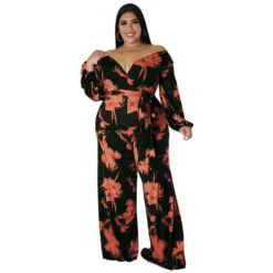 Plus Size Women Fall Print V-Neck Off Shoulder Jumpsuit -Plus Size Dresses Shop 022d979c748a5819