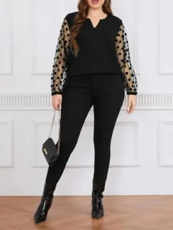 Plus Size Women Solidmesh Patchwork Long Sleeve Plus Size Shirt