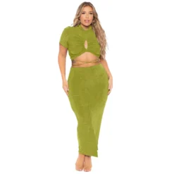 Summer Solid Sexy Drawstring Cutout Round Neck Short Sleeve Fashion Casual Slit Skirt Set Plus Size Women Clothes -Plus Size Dresses Shop 02bc7a58784807b2