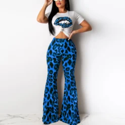 Women'S Sexy Lips Print T-Shirt Leopard Print Bell Bottom Pants Two-Piece Set -Plus Size Dresses Shop 02c11aad0fcda9da