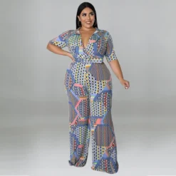 Plus Size Women Clothes Short Sleeve Deep V Neck Print Fashion Casual Multi Color Jumpsuit -Plus Size Dresses Shop 0492b435f3fa7736