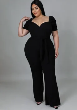 Women Summer Black Formal Sweetheart Neck Short Sleeves Solid Belted Full Length Regular Plus Size Jumpsuit -Plus Size Dresses Shop 04f6d10dab8227ed