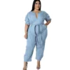 Plus Size Women Summer Short Sleeve Zipper Fashion Washed Denim Jumpsuit