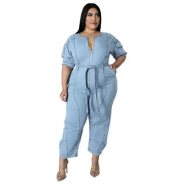 Plus Size Women Summer Short Sleeve Zipper Fashion Washed Denim Jumpsuit