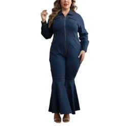 Plus Size Women's Zipper Turndown Collar Long Sleeve Bell Bottom Denim Jumpsuit -Plus Size Dresses Shop 057c80b45055aa60