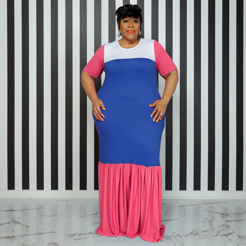 Plus Size Women's Round Neck Short Sleeve Multicolor Patchwork Swing Maxi Dress 9 Plus Size Women's Round Neck Short Sleeve Multicolor Patchwork Swing Maxi Dress - Image 7