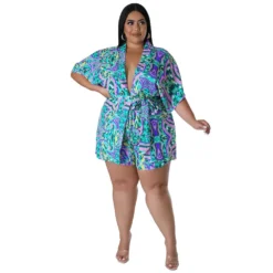 Summer Plus Size Loose Print Blouse Lace-Up Shorts Multi-Color Two-Piece Set -Plus Size Dresses Shop 07b744d9db5d7c15