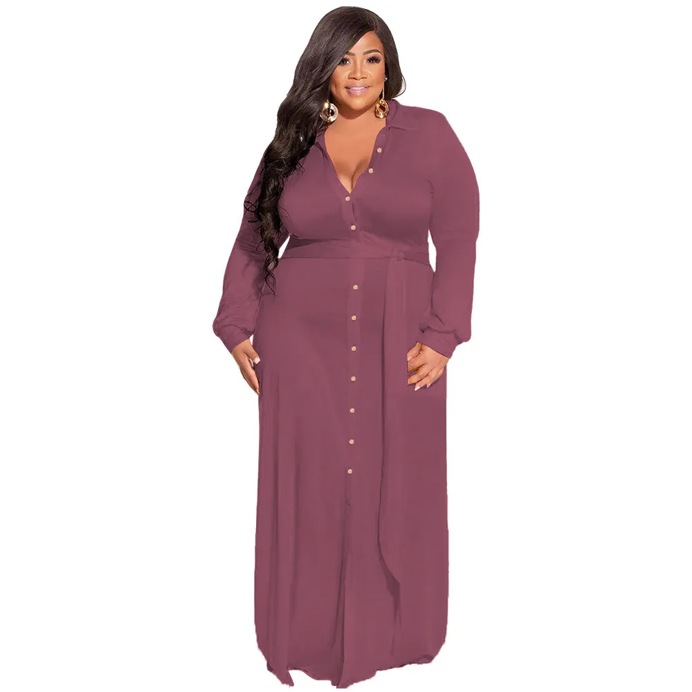 Plus Size Women Solid Tie Long Sleeve Shirt Dress 5 Plus Size Women Solid Tie Long Sleeve Shirt Dress - Image 3