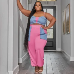 Plus Size Women's Style Patchwork Flap Pocket Loose Lace-Up Telemotion Casual Set -Plus Size Dresses Shop 080537b5782ee4c5