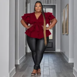 Plus Size Women's Casual Versatile V-Neck Ruffle Sleeve Pleated Shirt -Plus Size Dresses Shop 080b9196b5d693a1