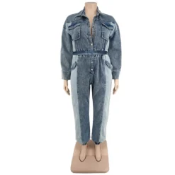 Plus Size Women Denim Wash Color Block Casual Jumpsuit -Plus Size Dresses Shop 086260555fe210ea
