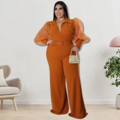 Plus Size Women Lapel Mesh Long Sleeve Jumpsuit With Belt -Plus Size Dresses Shop 08fcabd29cd12666