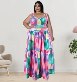 Plus Size Women Clothes Summer Plaid Crop Strap Top Loose Swing Skirt Two Piece Set -Plus Size Dresses Shop 0a0579b24ec5fd46