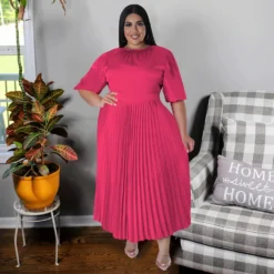 Plus Size Women's Fall Winter Pleated Round Neck Long Dress Short Sleeves -Plus Size Dresses Shop 0b15bc789c6725a7