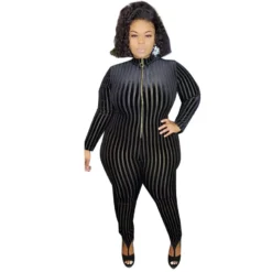 Plus Size Women'S Mesh Flocked Stripe Tight Fitting Zip Long Sleeve Jumpsuit -Plus Size Dresses Shop 0b345ce330280d54