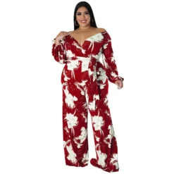 Plus Size Women Fall Print V-Neck Off Shoulder Jumpsuit -Plus Size Dresses Shop 0b41ddea34c7e564