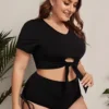 Women Black Bikini Round Neck Solid Hollow Out Plus Size Two Piece Swimwear -Plus Size Dresses Shop 0bbe4fa25981523d