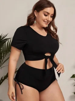 Women Black Bikini Round Neck Solid Hollow Out Plus Size Two Piece Swimwear