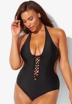 Women's Solid Color Halter Neck Lace-Up One Piece Plus Size Swimwear -Plus Size Dresses Shop 0bf84426562361e9