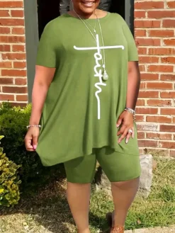 Summer Round Neck Loose Short Sleeve Print Plus Plus Size Two Piece Set -Plus Size Dresses Shop 0d66a00e006386e7