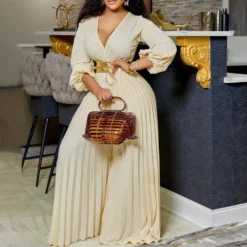 Summer V-Neck Sexy Lace-Up Pleated Wide Leg Plus Size Jumpsuit