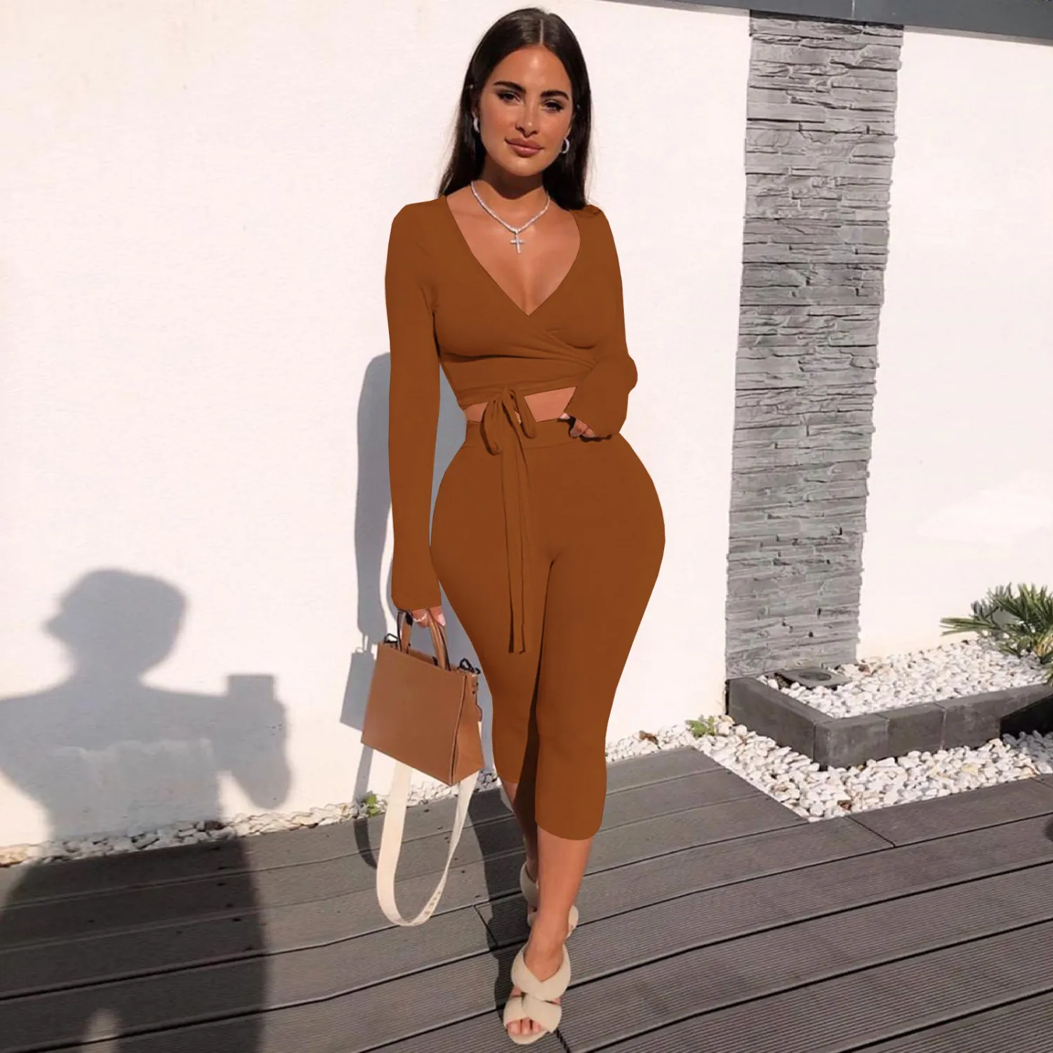 Autumn And Winter Plus Size Women's Solid Color Long Sleeve 7-Point Pants Sexy Casual Two Piece Set 8 Autumn And Winter Plus Size Women's Solid Color Long Sleeve 7-Point Pants Sexy Casual Two Piece Set - Image 6