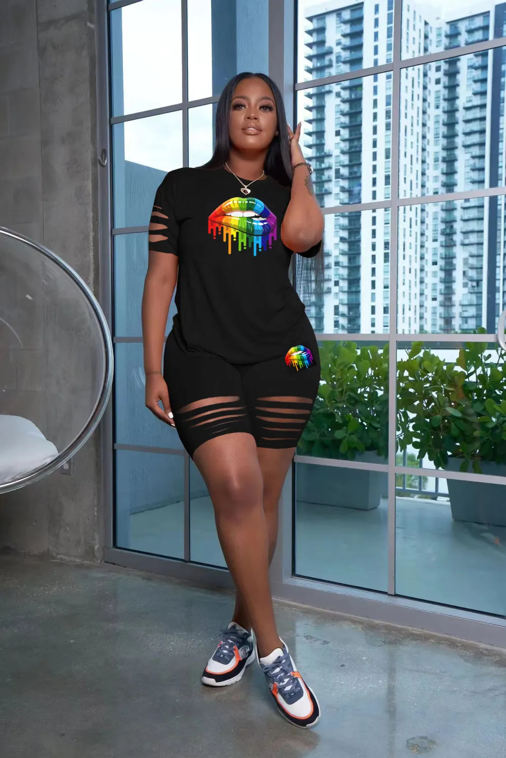 Plus Size Women Summer Print Short Sleeve Top And Short Two-Piece Set 10 Plus Size Women Summer Print Short Sleeve Top And Short Two-Piece Set - Image 8