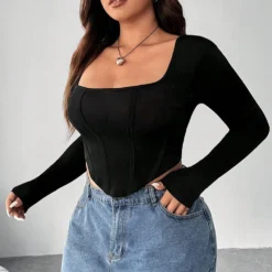 Plus Size Women Square Neck Solid Basic Irregular Top -Plus Size Dresses Shop 0ecc09c6e7b5a4d8