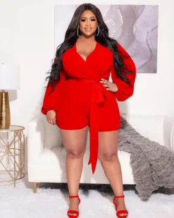 Plus Size Women Solid Chiffon Long Sleeve With Belt Romper -Plus Size Dresses Shop 0ecc71c6d90331da