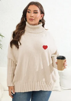 Heart Print Sticker Plus Size Women's Solid Turtleneck Woven Sweater Oversized Pullover Women's Top -Plus Size Dresses Shop 0f08ad756b5e1678