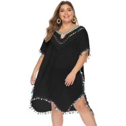 Plus Size Women's Irregular Hook Patchwork Multi-Color Tassel Deep V Sexy Loose Plus Size Beach Cover Up -Plus Size Dresses Shop 0f0a2e55d9f5c5a3