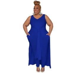 Plus Size Women Casual V Neck Slit Pocket Sleeveless Top And Solid Skirt Two-Piece Set -Plus Size Dresses Shop 0f26073447b692cf
