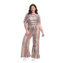 Plus Size Women Casual Short Sleeve Top And Striped Wide Leg Pants Two-piece Set -Plus Size Dresses Shop 0f365fe2c3a56e9f