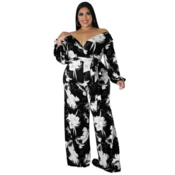 Plus Size Women Fall Print V-Neck Off Shoulder Jumpsuit -Plus Size Dresses Shop 0f40d3536aec3523