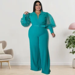 Plus Size Women Lapel Mesh Long Sleeve Jumpsuit With Belt -Plus Size Dresses Shop 0f9b2342ae521a57