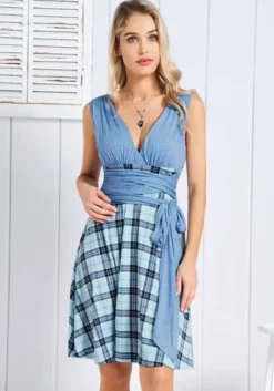 Plus Size Women Deep V Plaid Patchwork Loose Dress -Plus Size Dresses Shop 106524cb0451a313