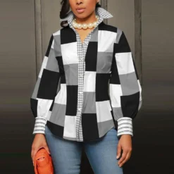 Sexy Slim Printed Puff Sleeve Top Plus Size Long Sleeve Shirt -Plus Size Dresses Shop 115e8e1932db31ca