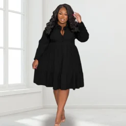 Spring Fall Solid Color Turndown Collar Single Breasted Long Sleeve Plus Size Women's Stylish Shirt Dress -Plus Size Dresses Shop 11cc7b907b9c26f8