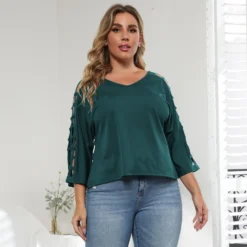 Fall Plus Size Women's Cutout V-Neck Bat Sleeves T-Shirt Top -Plus Size Dresses Shop 128e3a277146e3f3