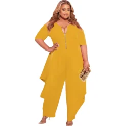 Plus Size Women Solid Zip Short Sleeve Jumpsuit -Plus Size Dresses Shop 12ece9ee862eea56