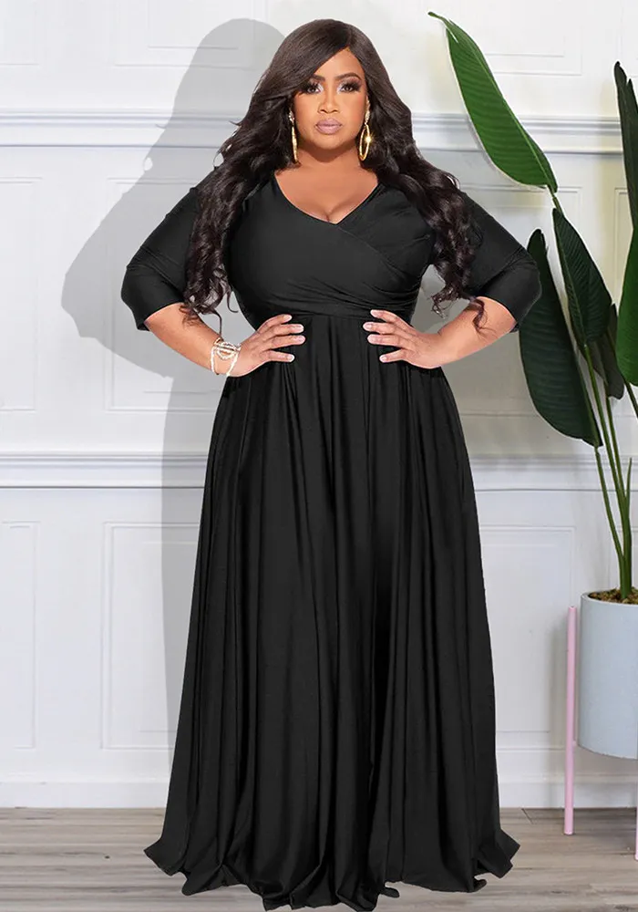 Plus Size Women's Solid Color V-Neck Sexy Long Dress 19 Plus Size Women's Solid Color V-Neck Sexy Long Dress - Image 17