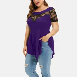 Womens Plus Size Floral Lace Short Sleeve Irregular See-Through Round Neck Women's Top -Plus Size Dresses Shop 1432a3b42eb03858