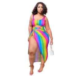 Fashion Plus Size Women's Sexy Rainbow Stripe Cutout One Piece Swimsuit Dress Two-Piece Set -Plus Size Dresses Shop 143f4080057bb076